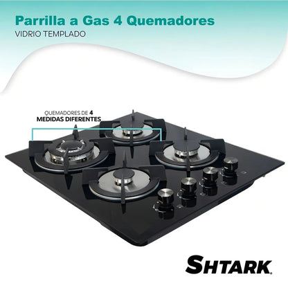 Parrilla A Gas 4 Quemadores Estufa Vidrio 7mm Empotrable SHTARK
