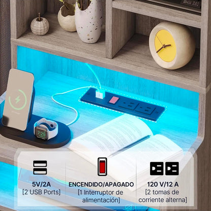 Mesita buró de noche alta con estación de carga y luz Led