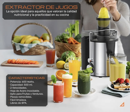 Extractor de Jugos y Verduras Eléctrico 600W 2 Velocidades Capacidad 500ml