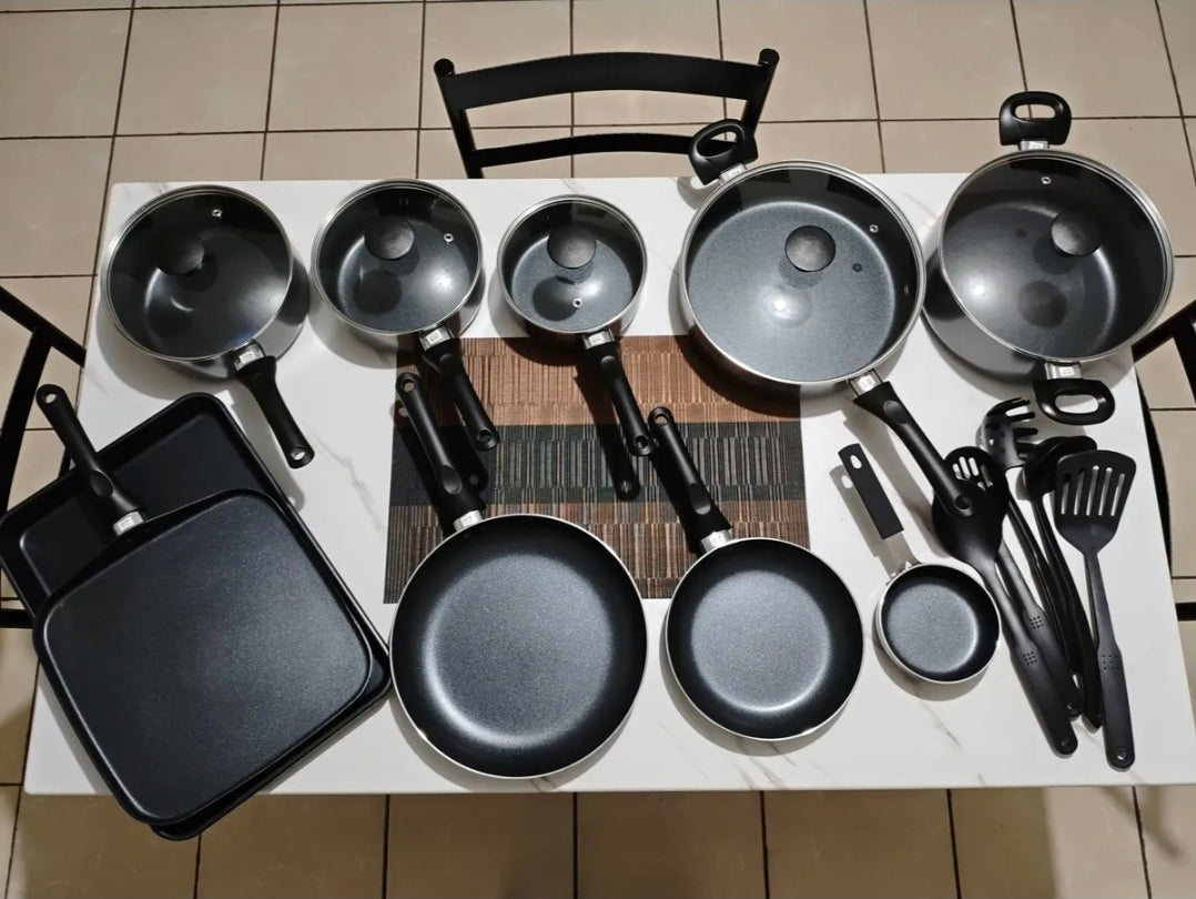 Batería De Cocina 20 Piezas De Aluminio Con Antiadherente Color Negro