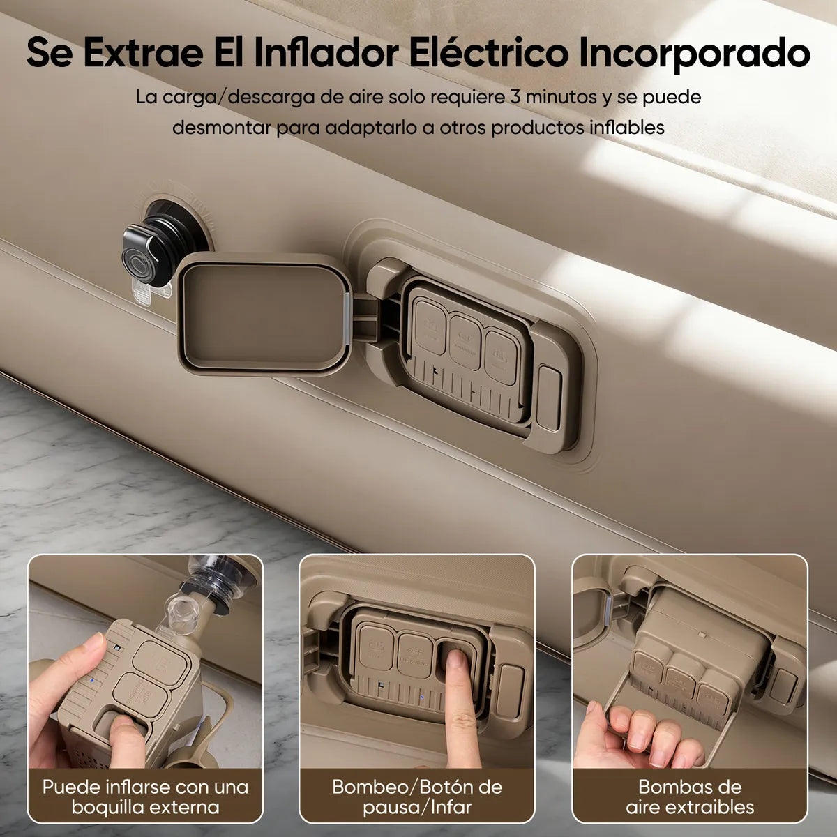Colchón INFLABLE Queen Size Con Bomba Hinchable De 4000 Mah Marrón Claro