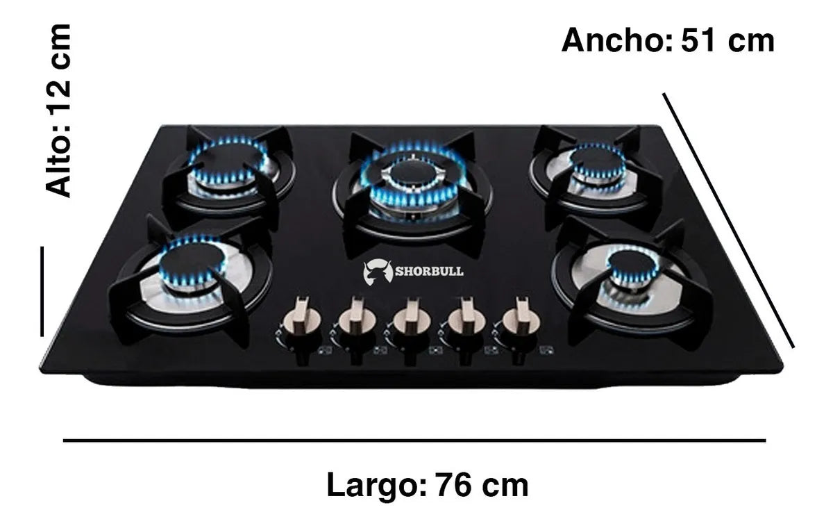 Parrilla  Shorbull  Estufa 5 Quemadores Gas Vidrio Templado Color Negro