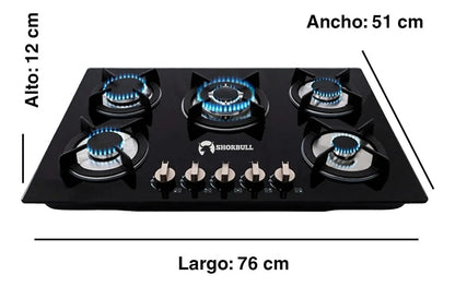 Parrilla  Shorbull  Estufa 5 Quemadores Gas Vidrio Templado Color Negro