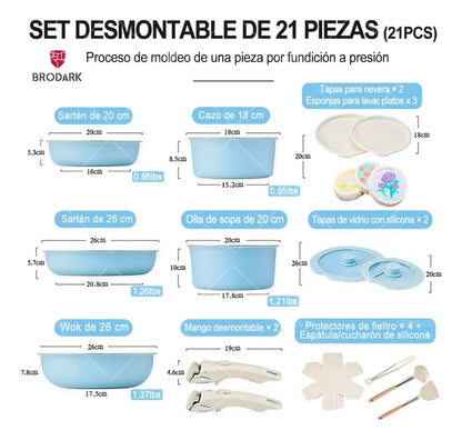 Bateria de cocina antiadherente 21 piezas con mangos desmontables