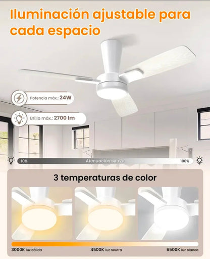 Ventilador De Techo 42" Aspas De Doble Acabado, 6 Velocidades, 3 Tonos De Luz