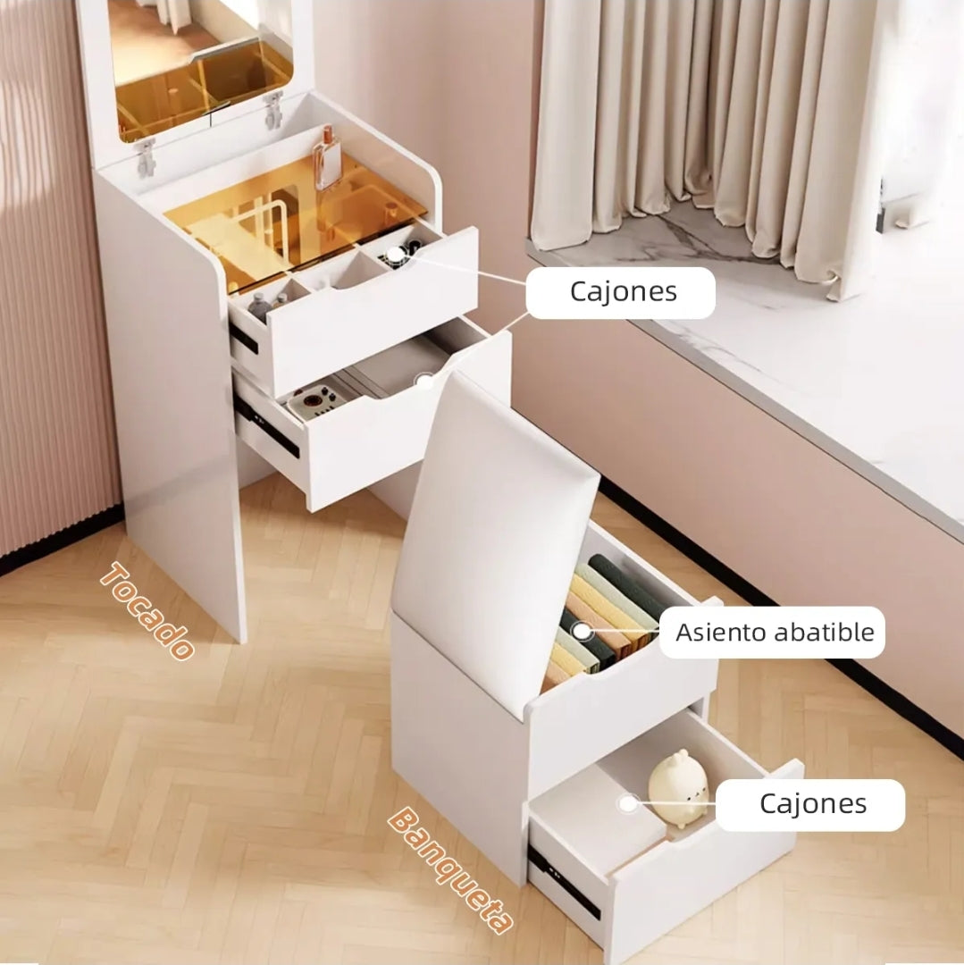 Buró tocador con espejo LED y banco oculto 4 cajones