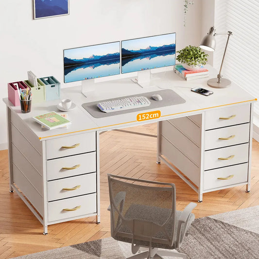 Escritorio Gamer y Oficina 152cm con 8 Cajones, Regleta USB y Tipo-C, Blanco