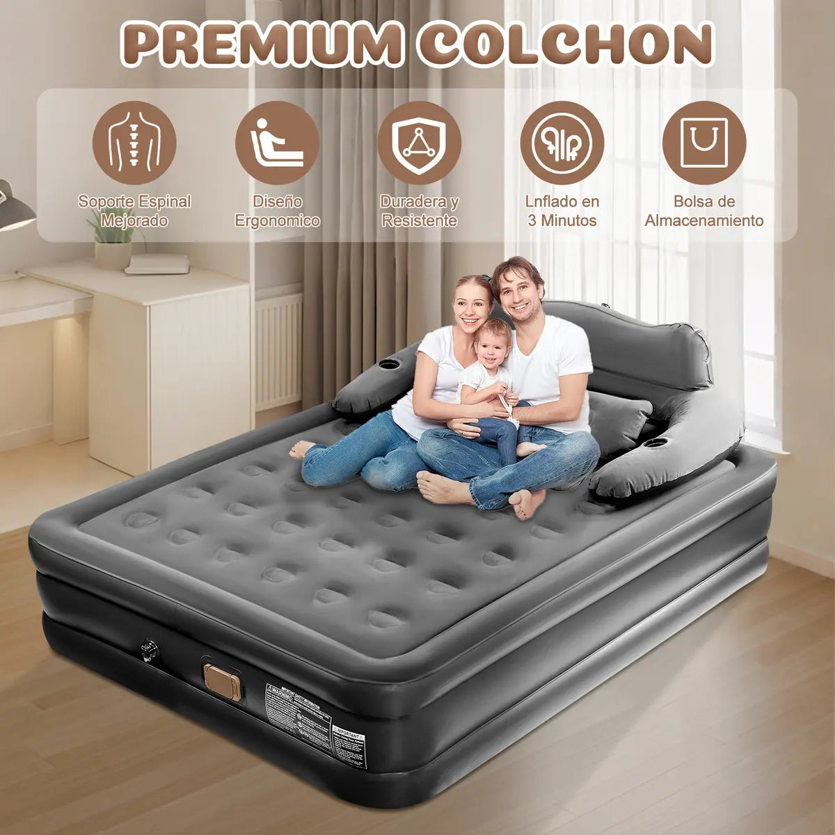 Colchón Inflable Queen Con Cabecero y Bomba Eléctrica