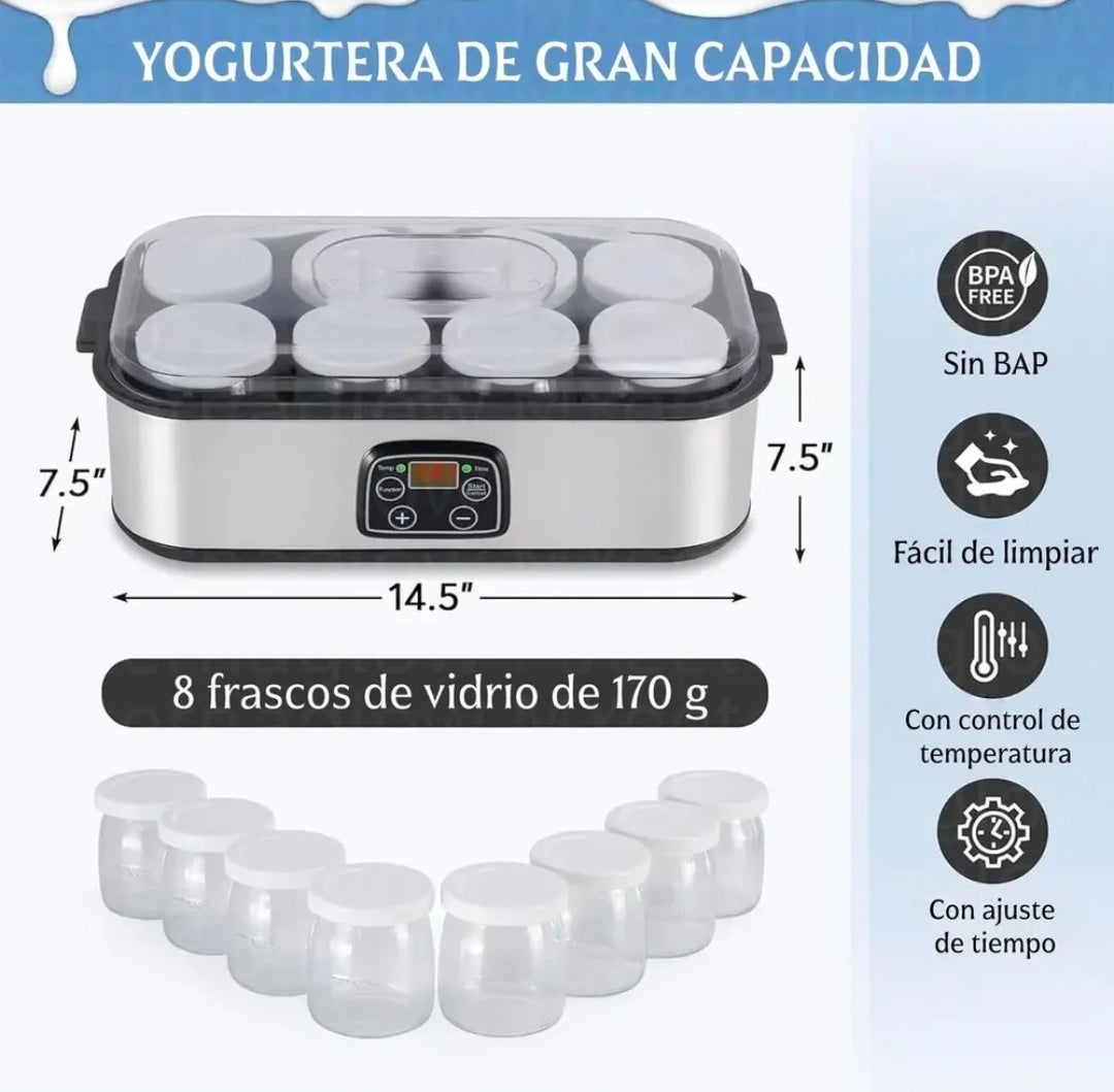 Maquina de Yogurt Eléctrica 1.4L Acero Inoxidable con 8 Frascos Vidrio