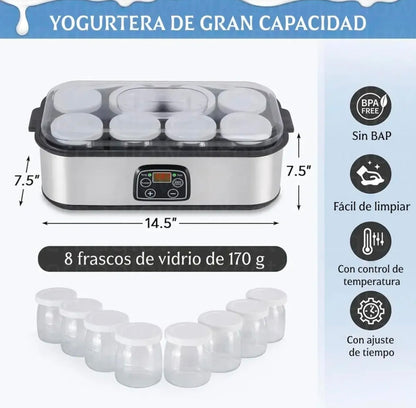 Maquina de Yogurt Eléctrica 1.4L Acero Inoxidable con 8 Frascos Vidrio