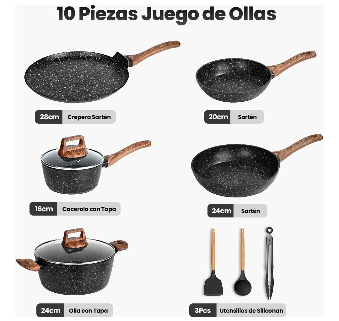 Bateria De Cocina, Juego De Ollas Y Sarten 10 Piezas Negro