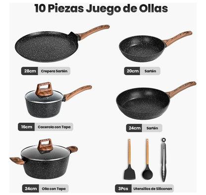 Bateria De Cocina, Juego De Ollas Y Sarten 10 Piezas Negro