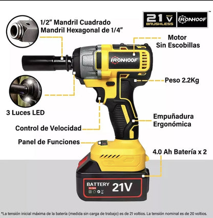 Pistola Llave De Impacto Inalámbrico Ironhoof  batería de 21V   500W