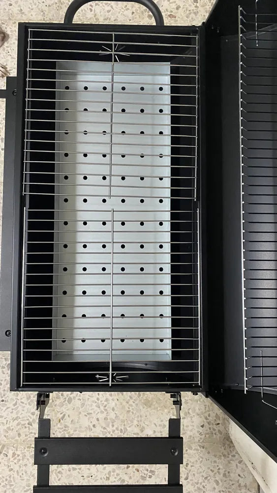 Asadores carbon de barril móvil con ruedas termómetro y mesa auxiliar acero inoxidable