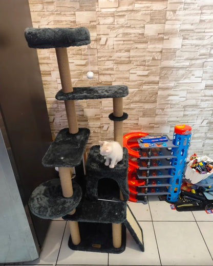 Torre Árbol Rascador Para Gato Con Casa Gris 132cm