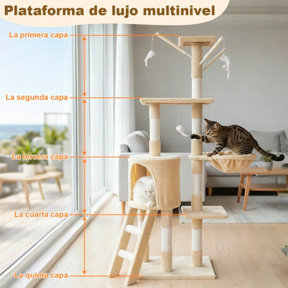 Juego Árbol Para Gatos Con Cesta, Torre y Rascador 140cm