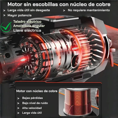 Kit 3 en 1 Taladro Percutor Brushless + Esmeriladora Inalámbrica + Llave Impacto Sin Escobillas