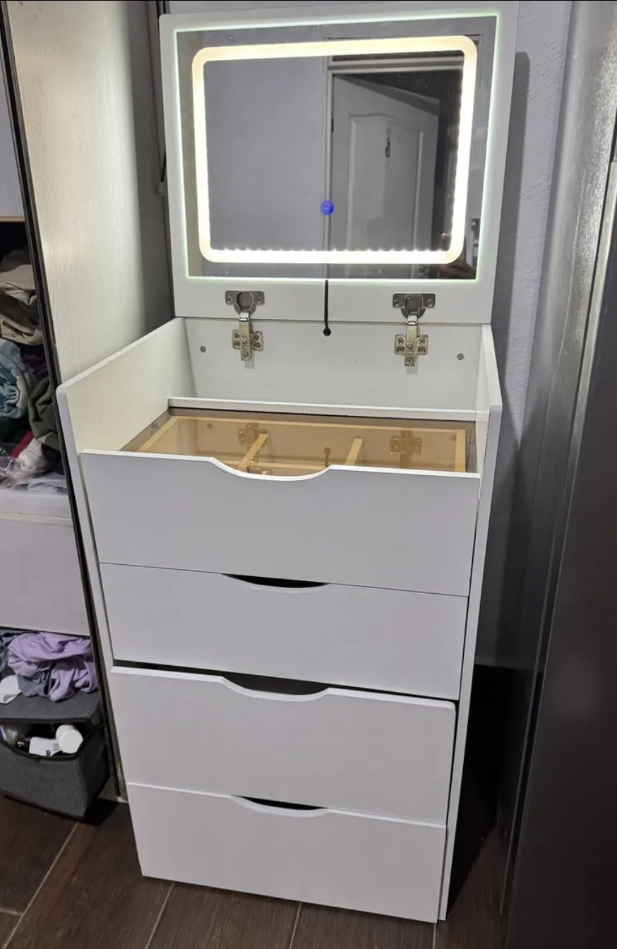 Buró tocador con espejo LED y banco oculto 4 cajones