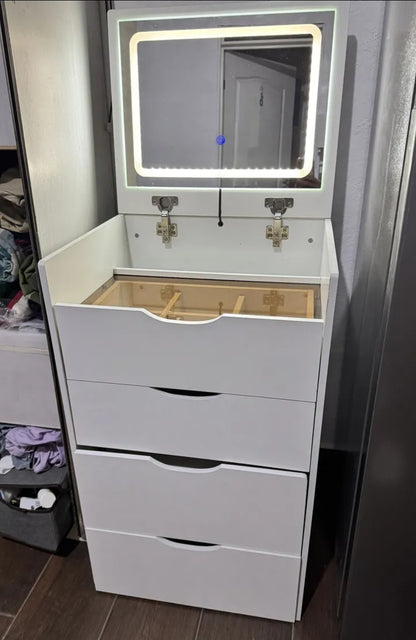 Buró tocador con espejo LED y banco oculto 4 cajones