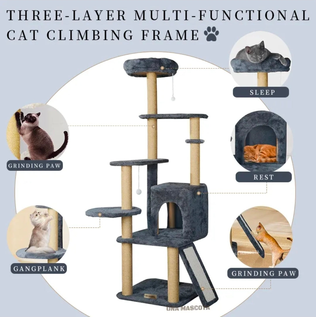 Torre Árbol Rascador Para Gato Con Casa Gris 132cm