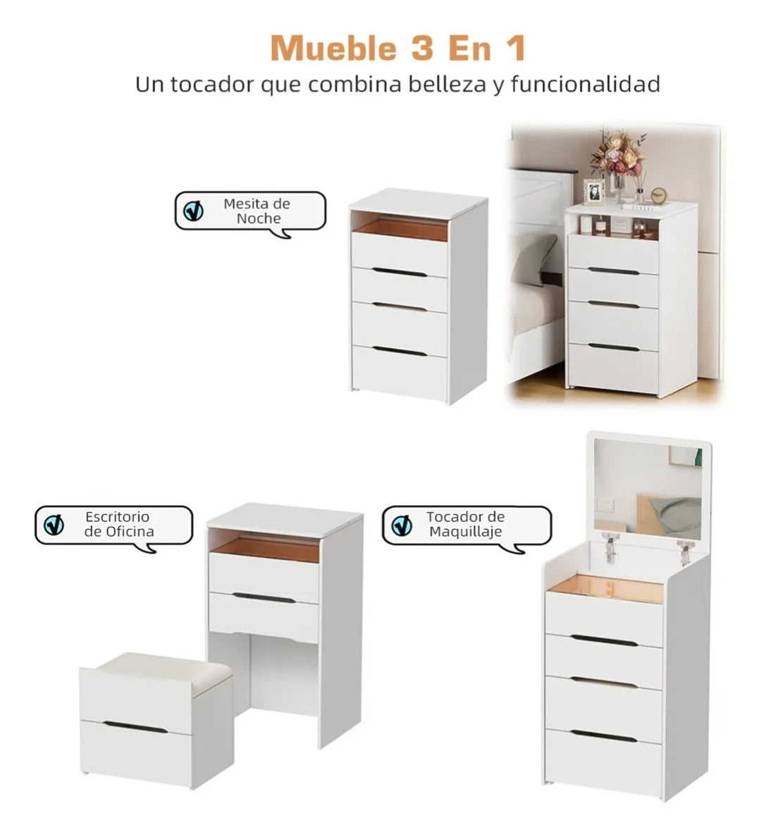 Buró tocador con espejo LED y banco oculto 4 cajones