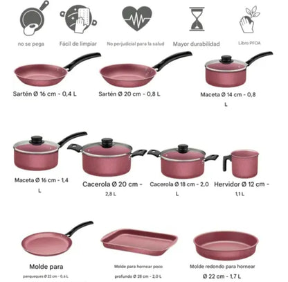 Batería de Cocina Antiadherente Tramontina Linz 14 Piezas de Aluminio - Rosa