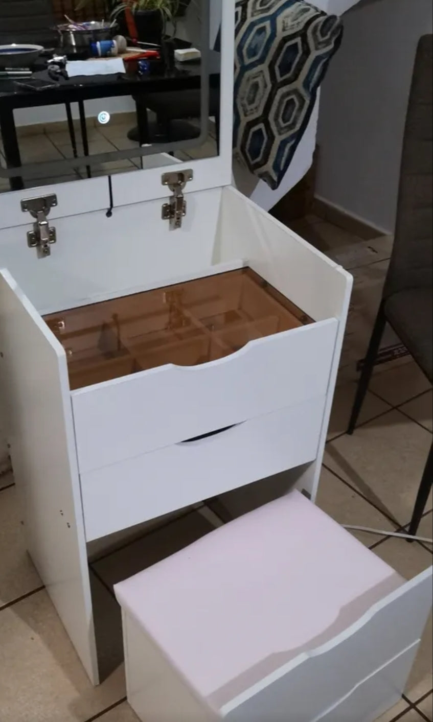 Buró tocador con espejo LED y banco oculto 4 cajones