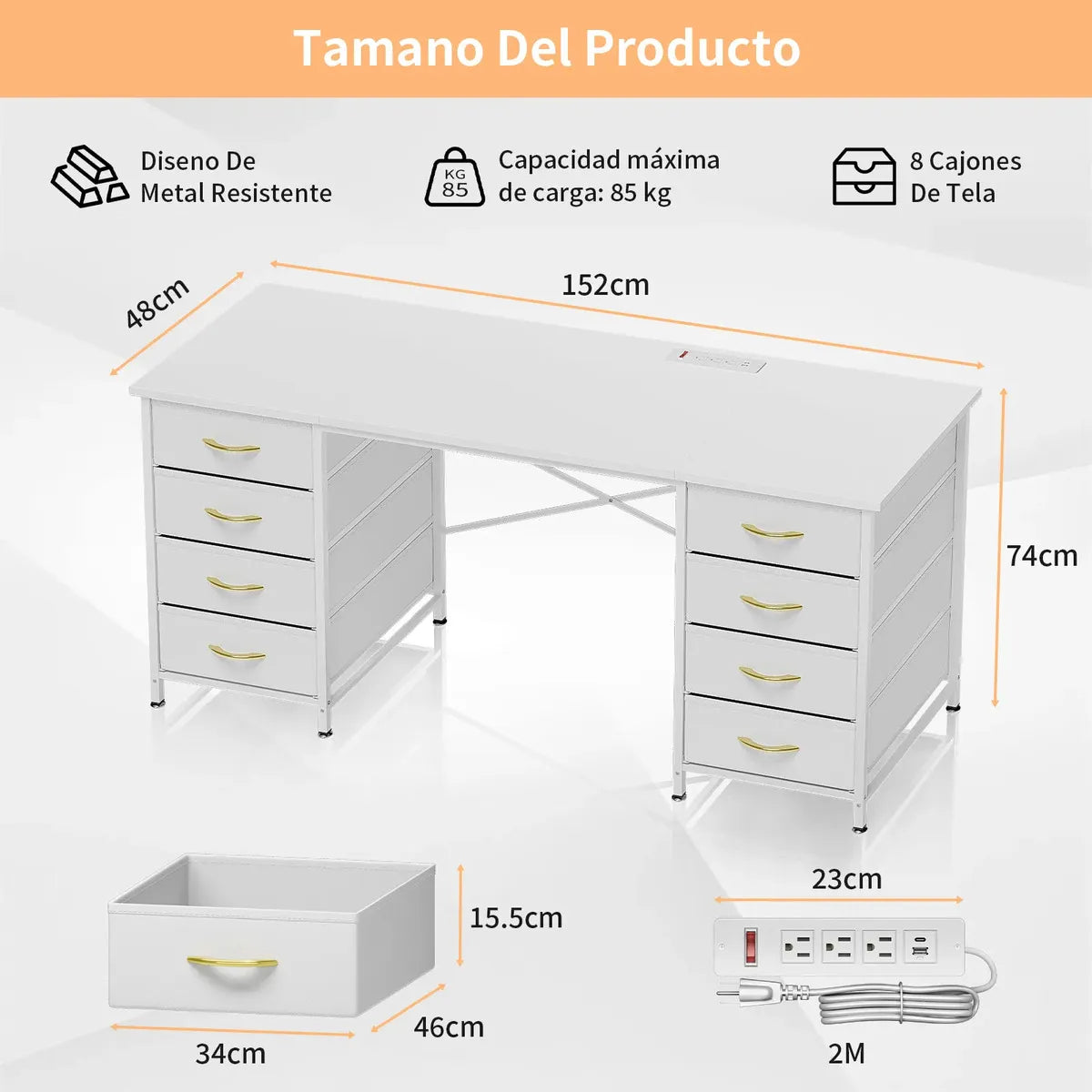 Escritorio Gamer y Oficina 152cm con 8 Cajones, Regleta USB y Tipo-C, Blanco