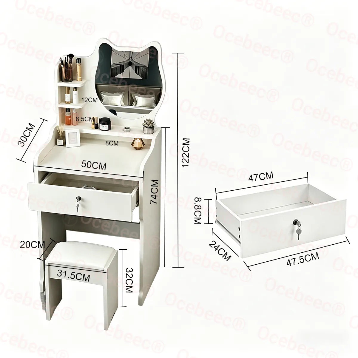 Tocador Vanity Niña Espejo Gatito Cajón Con Llave Taburete
