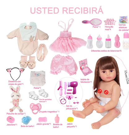 Muñeca 2 cambios de ropa y accesorios 55 cm