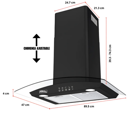 Campana extractora 90 cm de vidrio templado negra arol