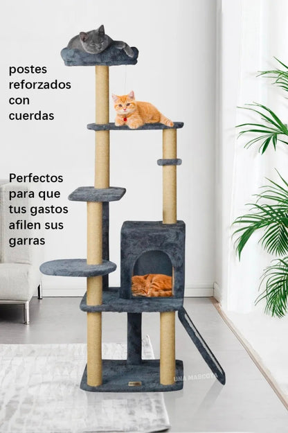 Torre Árbol Rascador Para Gato Con Casa Gris 132cm