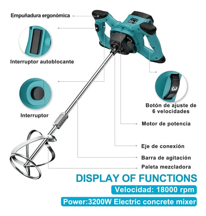 Mezcladora eléctrica de cemento/pintura 6 velocidades 3200w