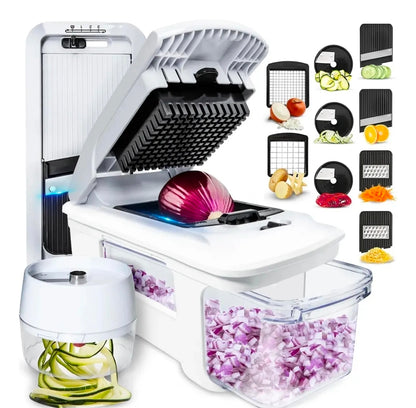 Rallador cortador multifuncional  13 en 1 con contenedor y espiralizador ajustable