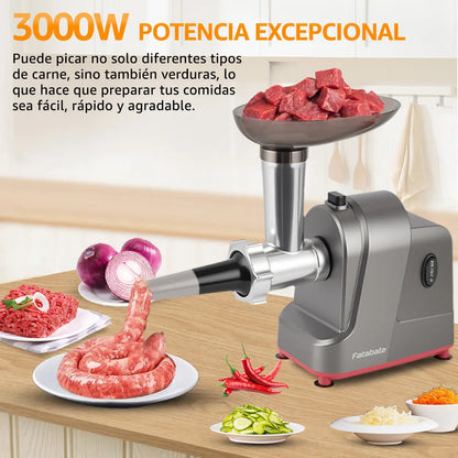 Molino de Carne Eléctrico Fatabeta de 3500W con Accesorios para Embutir y Cortar Verduras