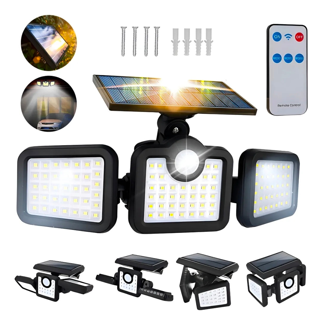 2 Lamparas solares con 3 cabezales / sensor de movimiento 108 Leds