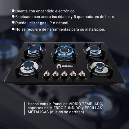 Parrilla  Shorbull  Estufa 5 Quemadores Gas Vidrio Templado Color Negro