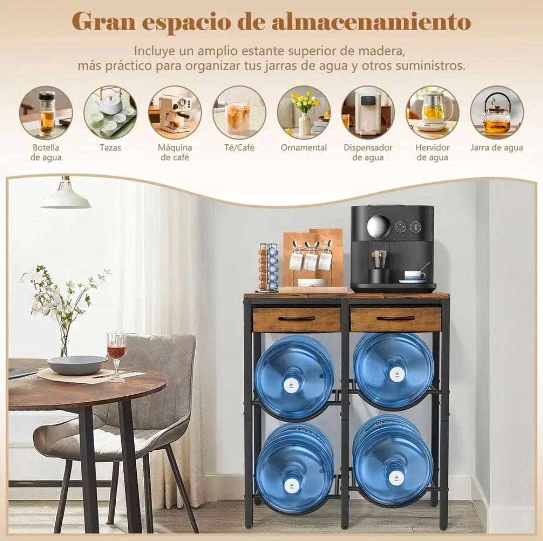 Porta Garrafón De 5 Galones Con Estante Metal Y 2 Cajones