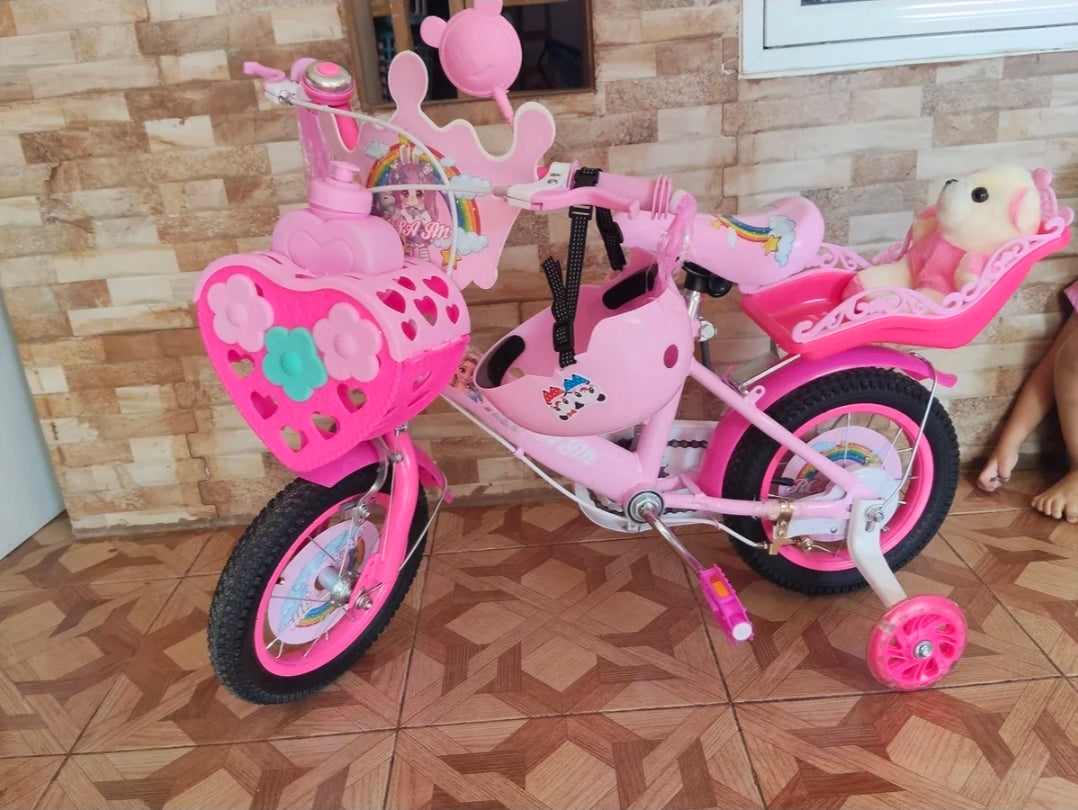 Bicicleta Infantil rosa con canasta y peluche
