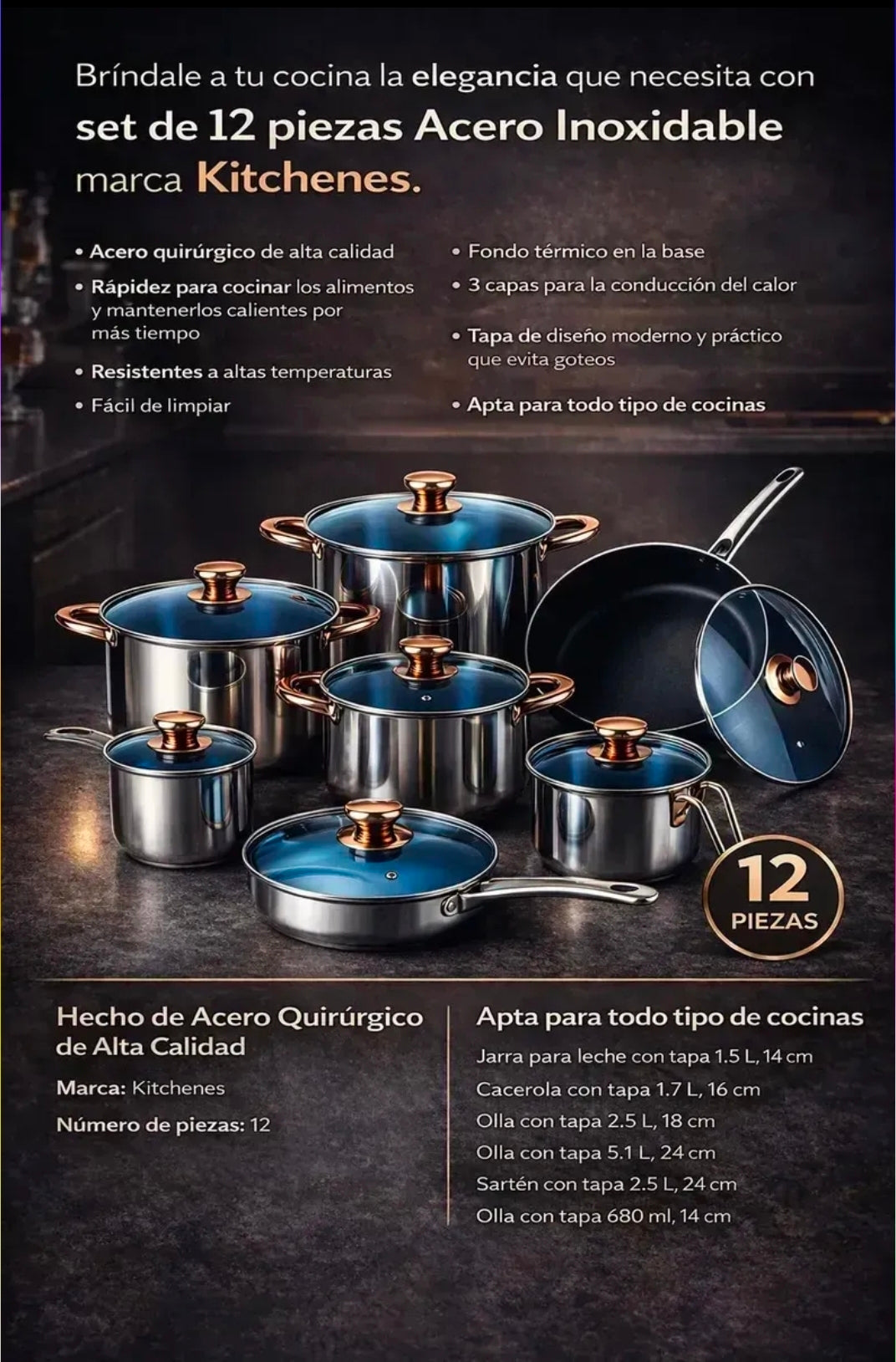 Batería de Cocina Kitchenes Juego de 12 Piezas