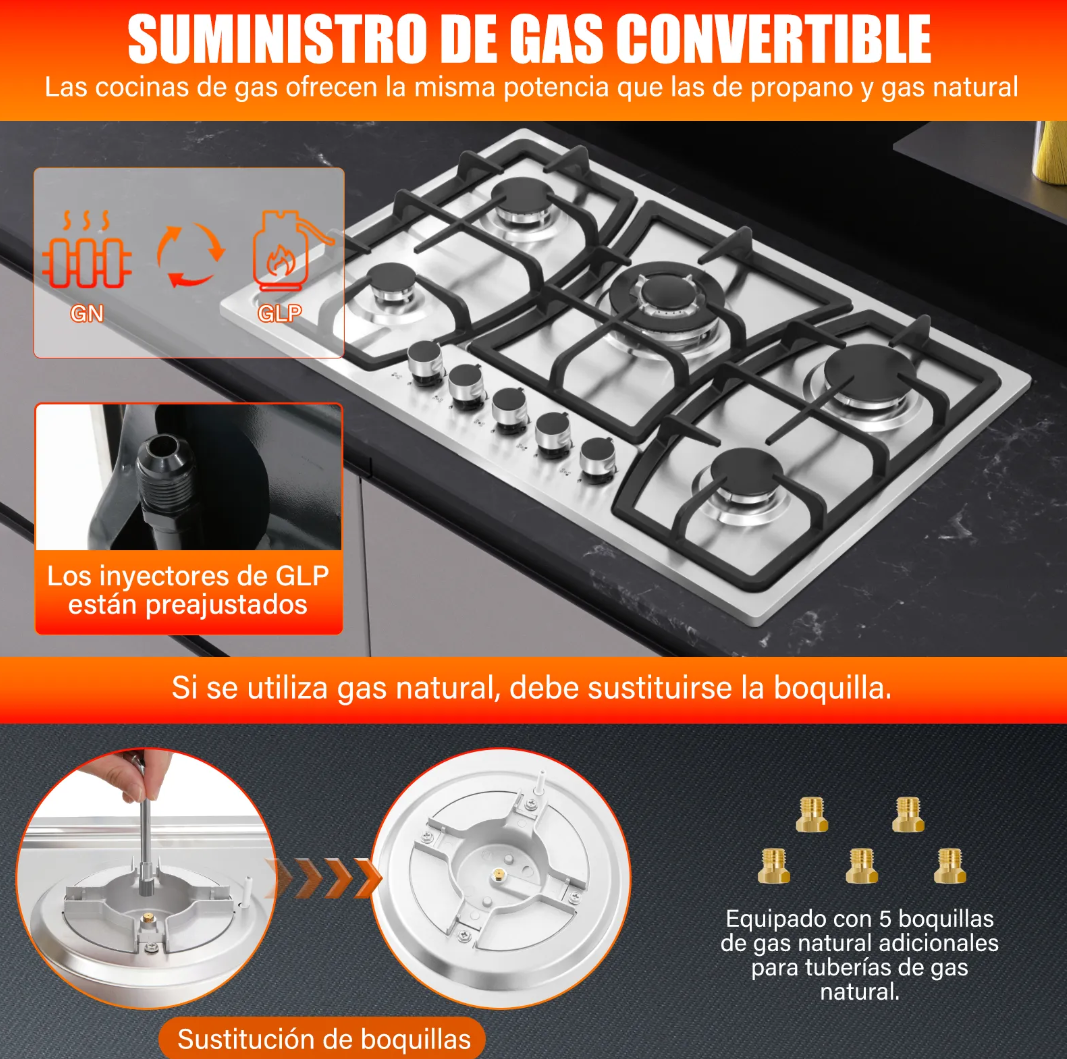 PARRILLA 5 QUEMADORES ACERO INOX GLP Y GN DWALEMXF