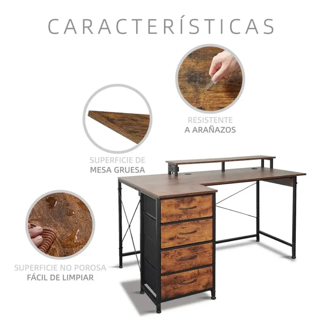 Escritorio de oficina L con cajones Color Madera Veteada