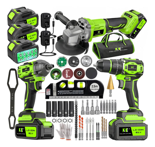 Kit 3 en 1 Taladro Percutor Brushless + Esmeriladora Inalámbrica + Llave Impacto Sin Escobillas