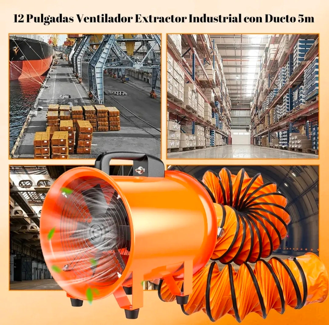 Extractor De Aire Industrial Ventilador 12'' Con Conducto 5m, 3300 Rpm