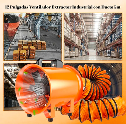 Extractor De Aire Industrial Ventilador 12'' Con Conducto 5m, 3300 Rpm