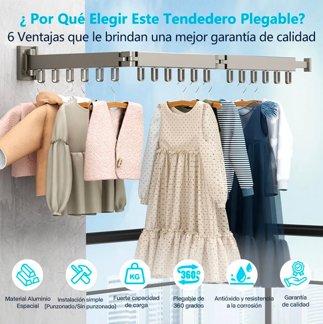 Tendedero Ropa Retráctil Triple Plegable 1.2m Con 18 Ganchos