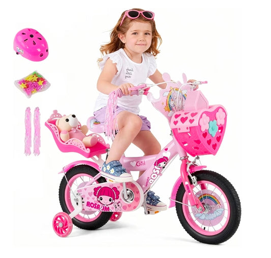 Bicicleta Infantil rosa con canasta y peluche