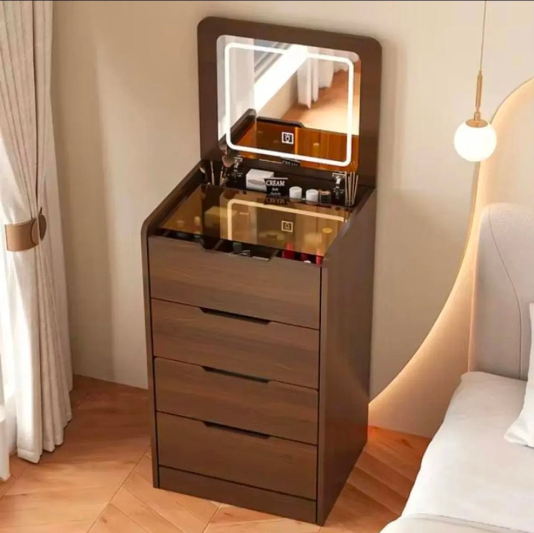 Buró tocador con espejo LED y banco oculto 4 cajones
