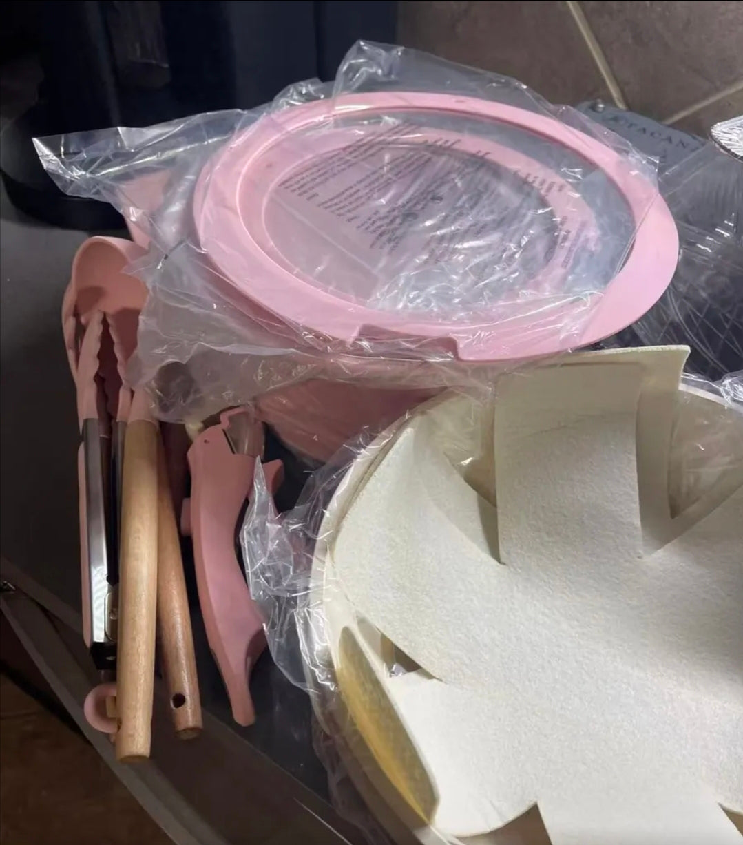 Batería Brodark 23 piezas Rosa/Blanco antiadherente con mangos desmontables