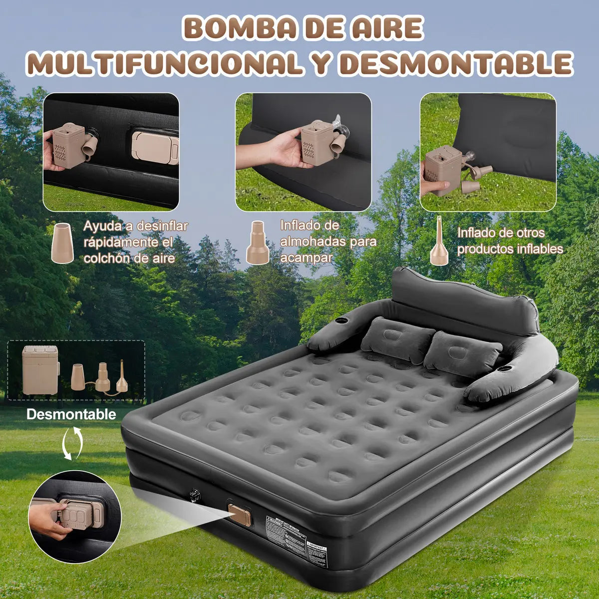 Colchón Inflable Queen Con Cabecero y Bomba Eléctrica